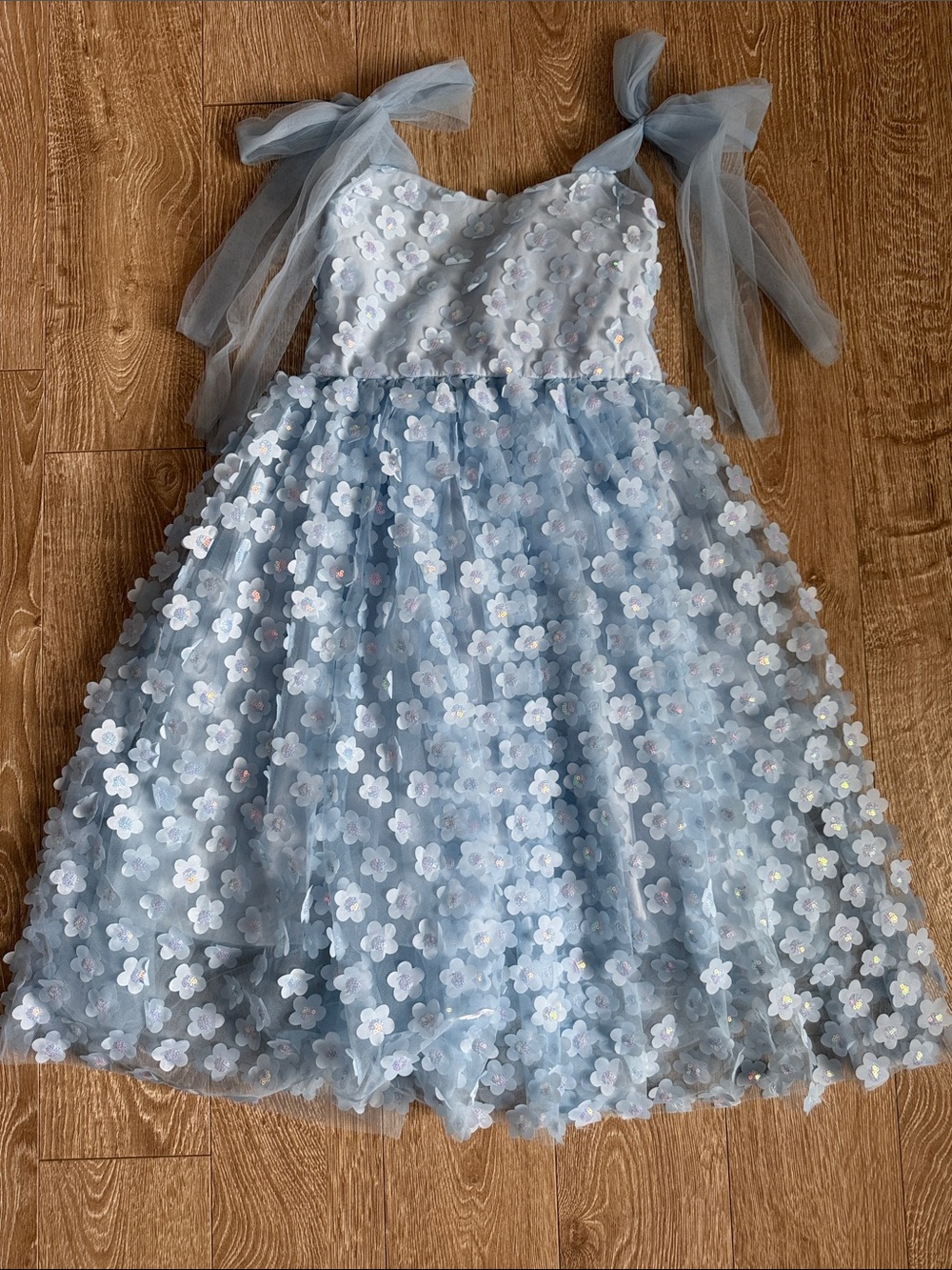 Girls' Light Blue Floral Tulle Party Dress with Tie Straps